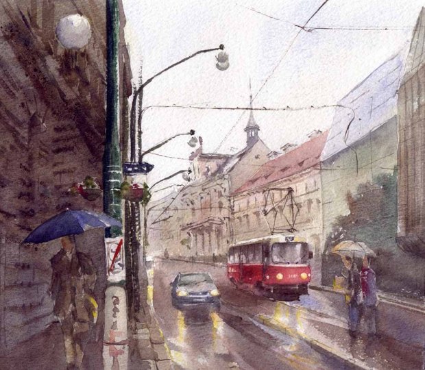 035 - Red Tram On A Rainy Day In Prague